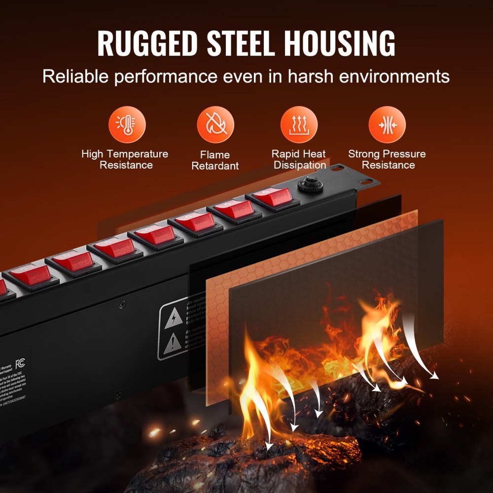 19" 1U PDU 10 Outlets Rack Mount Power Strip Surge  Overload Protection