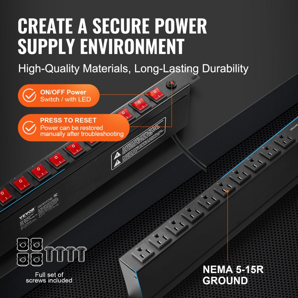 19" 1U PDU 10 Outlets Rack Mount Power Strip Surge  Overload Protection