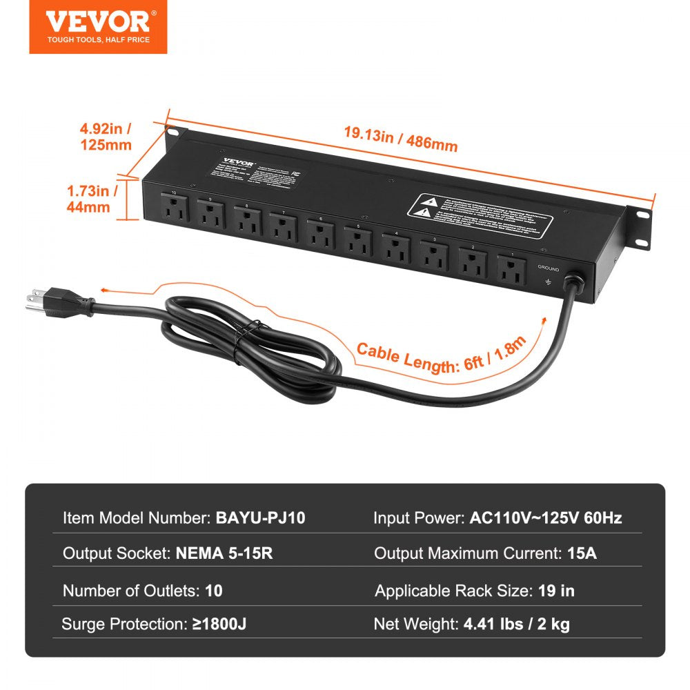 19" 1U PDU 10 Outlets Rack Mount Power Strip Surge  Overload Protection