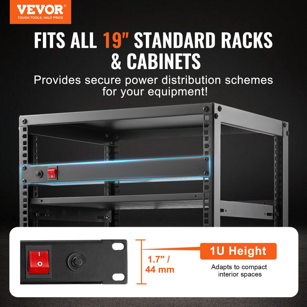 19" 1U PDU 8 Outlets Rack Mount Power Strip Surge Overload Protection
