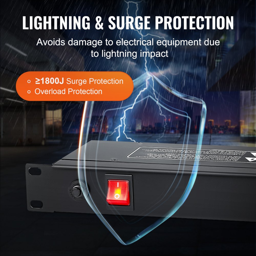 19" 1U PDU 8 Outlets Rack Mount Power Strip Surge Overload Protection