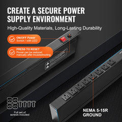 19" 1U PDU 8 Outlets Rack Mount Power Strip Surge Overload Protection