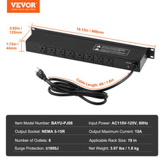 19" 1U PDU 8 Outlets Rack Mount Power Strip Surge Overload Protection