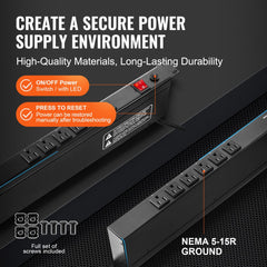 19" 1U PDU 12 Outlets Rack Mount Power Strip Surge Overload Protection