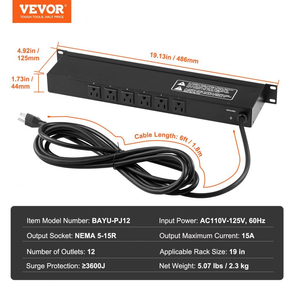 19" 1U PDU 12 Outlets Rack Mount Power Strip Surge Overload Protection