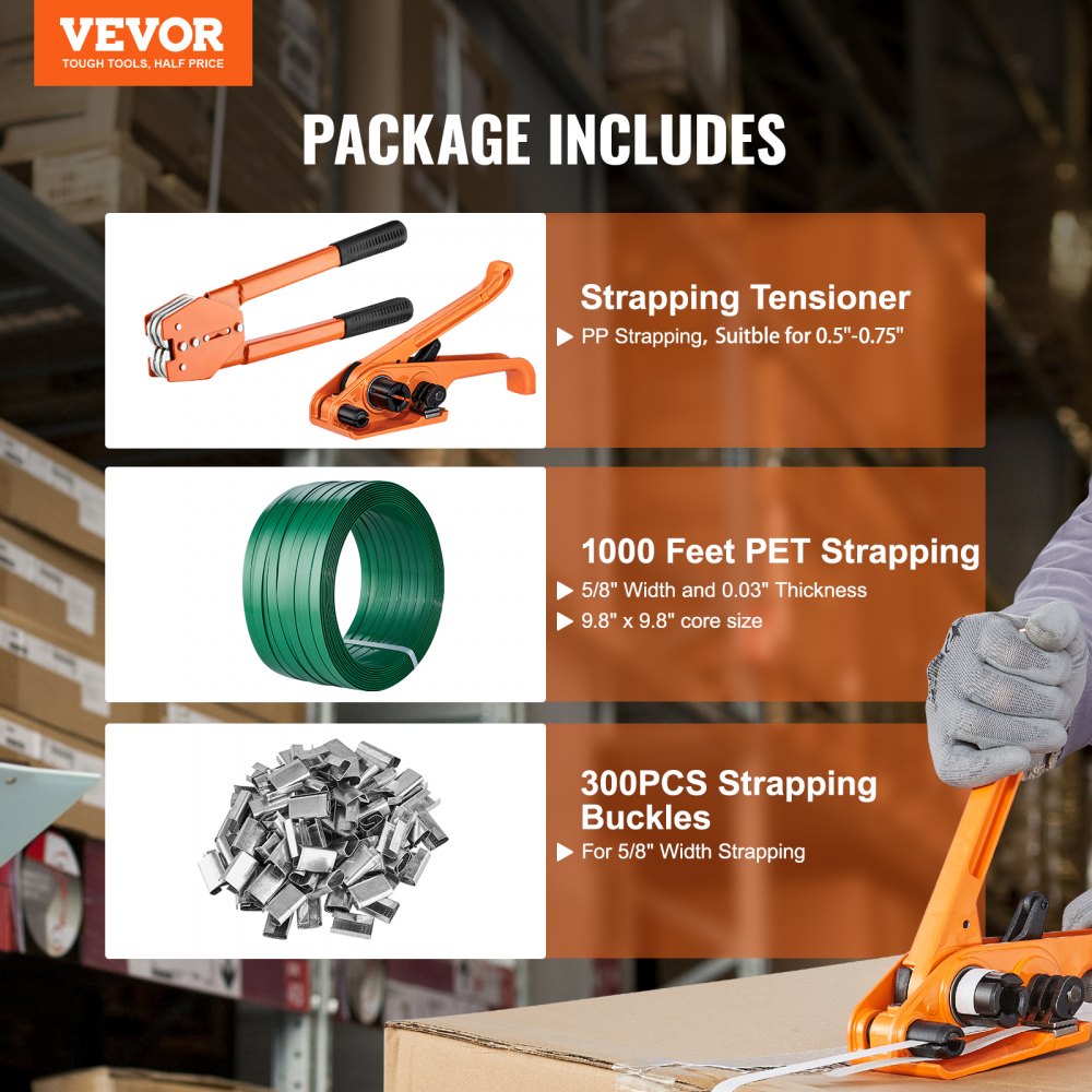 Banding Strapping Kit with Strapping Tensioner Tool, Banding Sealer Tool, 300 Metal Seals, 1000ft Length PET Band, Pallet Packaging Strapping Banding Kit Banding Packaging Strapping for Packing