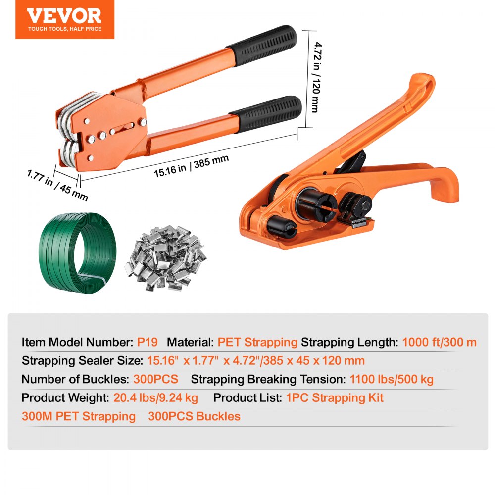 Banding Strapping Kit with Strapping Tensioner Tool, Banding Sealer Tool, 300 Metal Seals, 1000ft Length PET Band, Pallet Packaging Strapping Banding Kit Banding Packaging Strapping for Packing