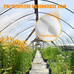 A 15x40 ft 6 mil UV resistant polyethylene greenhouse film covering a structure with plants inside.