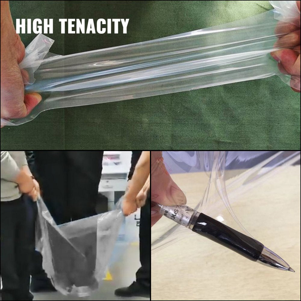Hands stretching high-tenacity clear polyethylene film, shown in use for greenhouse covering.