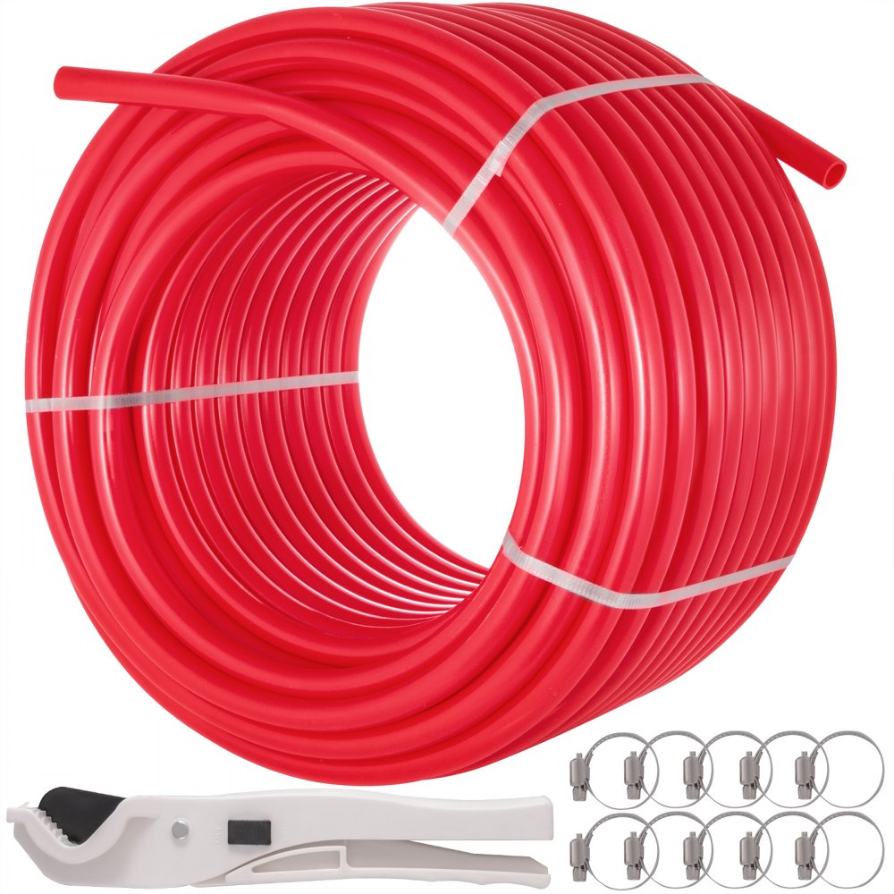 Coiled 500ft of 5/8-inch red oxygen barrier PEX tubing with cutter and clamps.