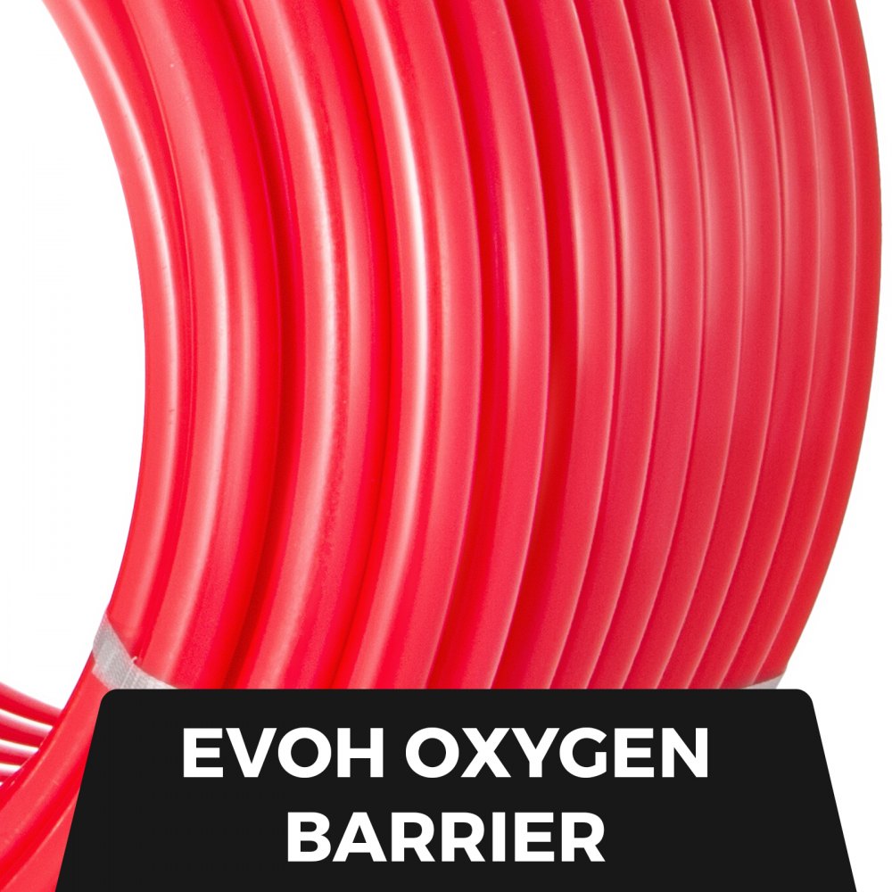Red 5/8-inch oxygen barrier PEX tubing coil, 500 feet long.