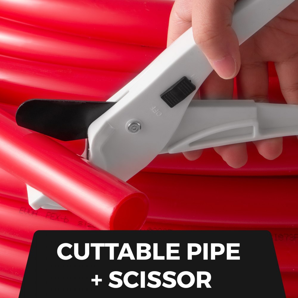 Hand cutting red 5/8 inch PEX tubing with a white pipe cutter tool.
