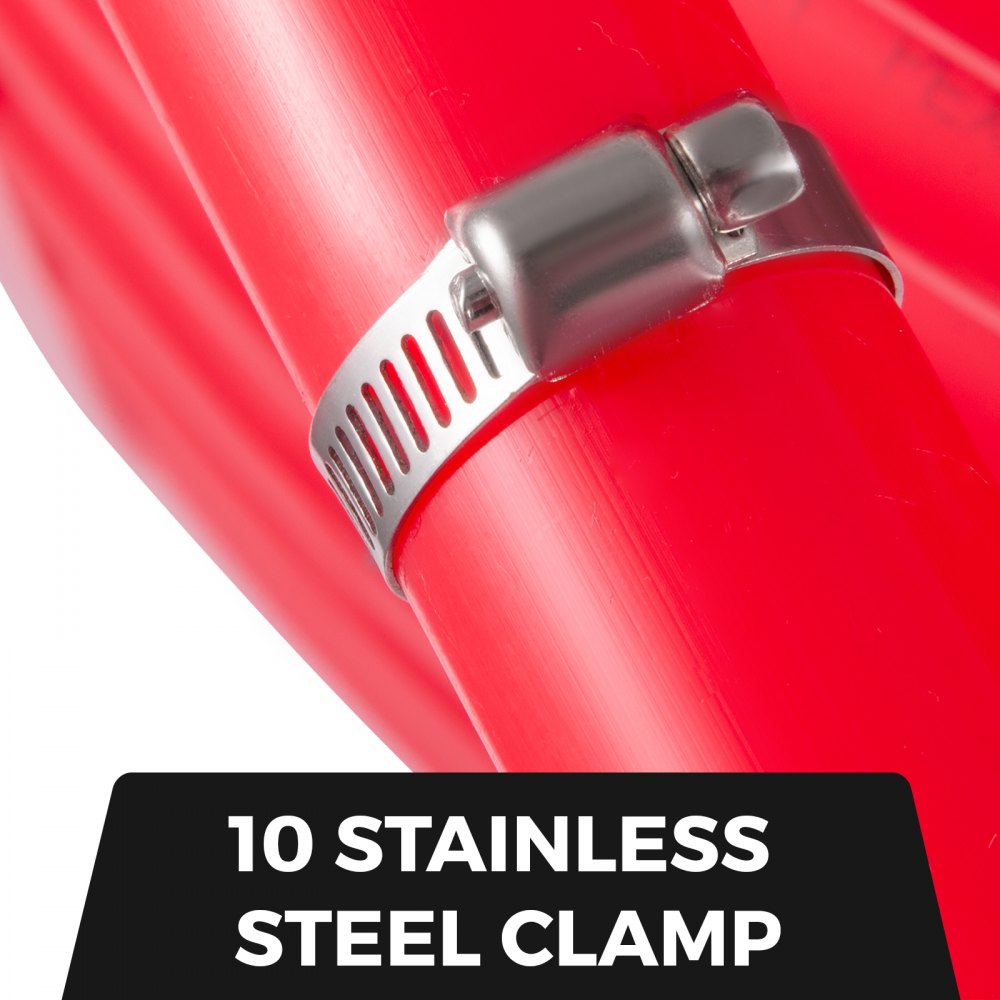 Close-up of a stainless steel clamp securing red 5/8" Bostome PEX tubing.
