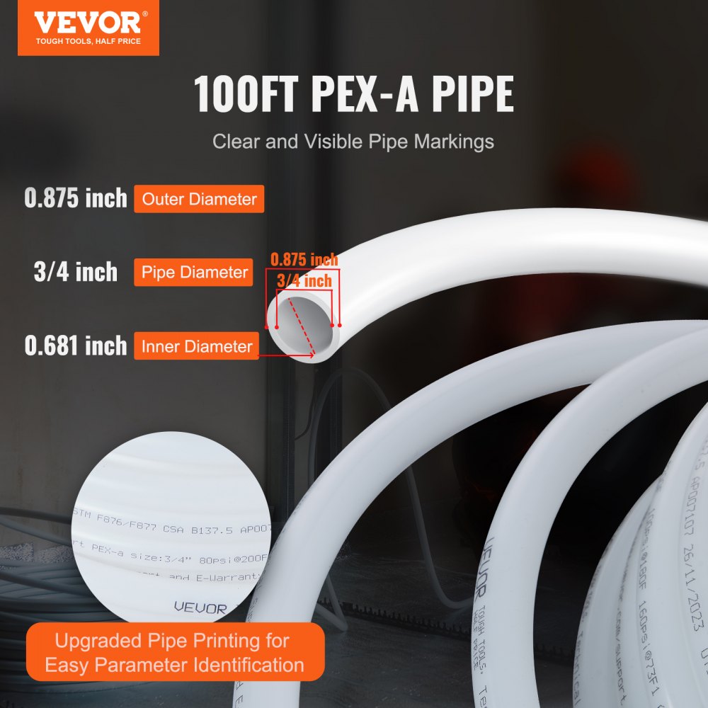 Flexible 3/4 inch PEX-A pipe, 100ft long, suitable for hot and cold potable water lines.