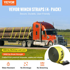 Winch Straps, 4" x 30`, 6000 lbs Load Capacity, 18000 lbs Break Strength, Truck Straps with Flat Hook, Flatbed Tie Downs Cargo Control for Trailers, Farms, Rescues, Tree Saver, Yellow (4 Pack)