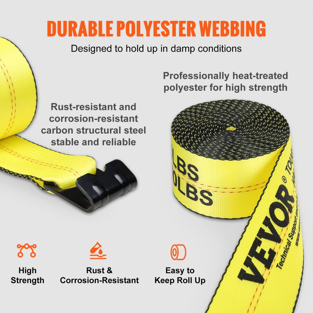 Winch Straps, 4" x 30`, 6000 lbs Load Capacity, 18000 lbs Break Strength, Truck Straps with Flat Hook, Flatbed Tie Downs Cargo Control for Trailers, Farms, Rescues, Tree Saver, Yellow (4 Pack)