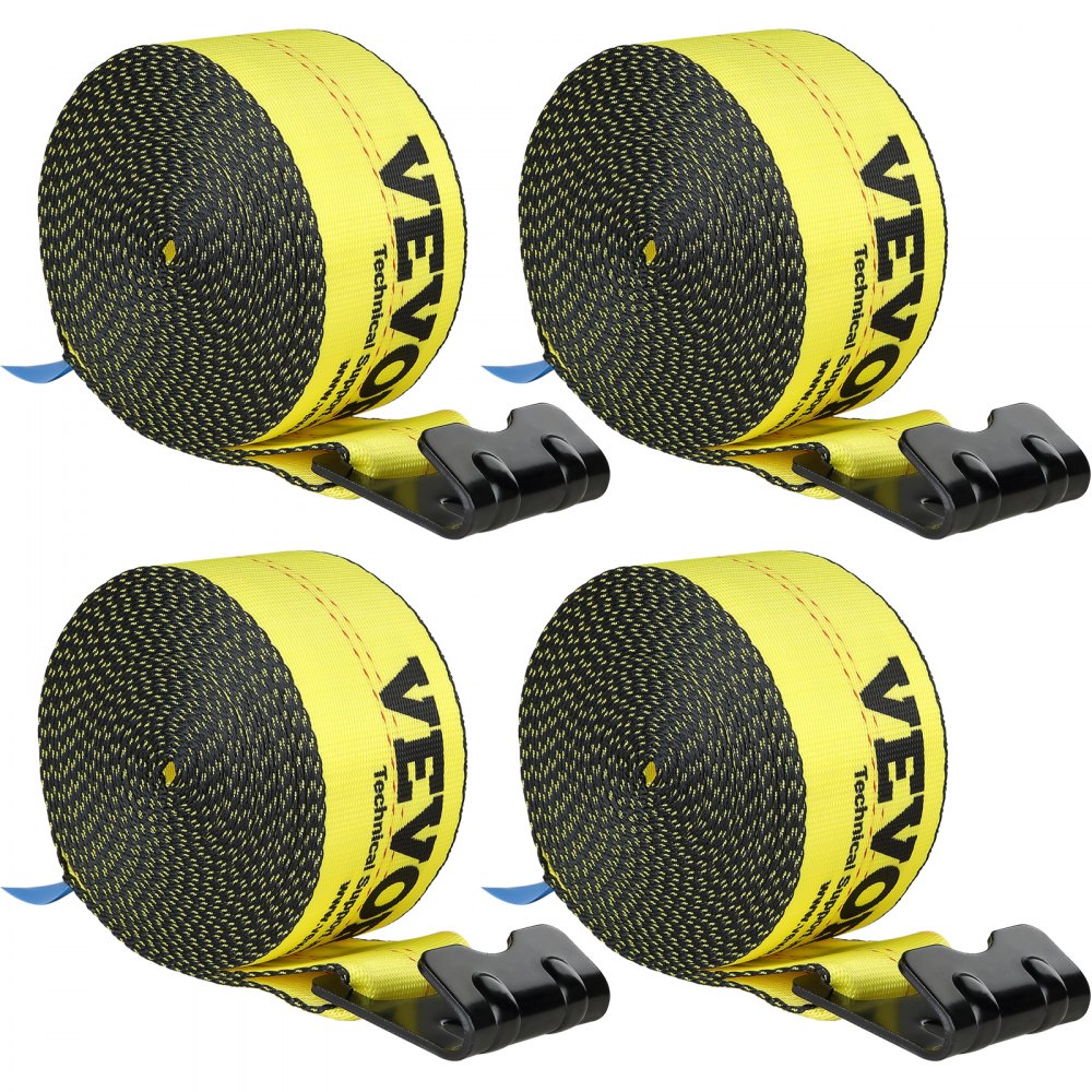 Winch Straps, 4" x 30`, 6000 lbs Load Capacity, 18000 lbs Break Strength, Truck Straps with Flat Hook, Flatbed Tie Downs Cargo Control for Trailers, Farms, Rescues, Tree Saver, Yellow (4 Pack)