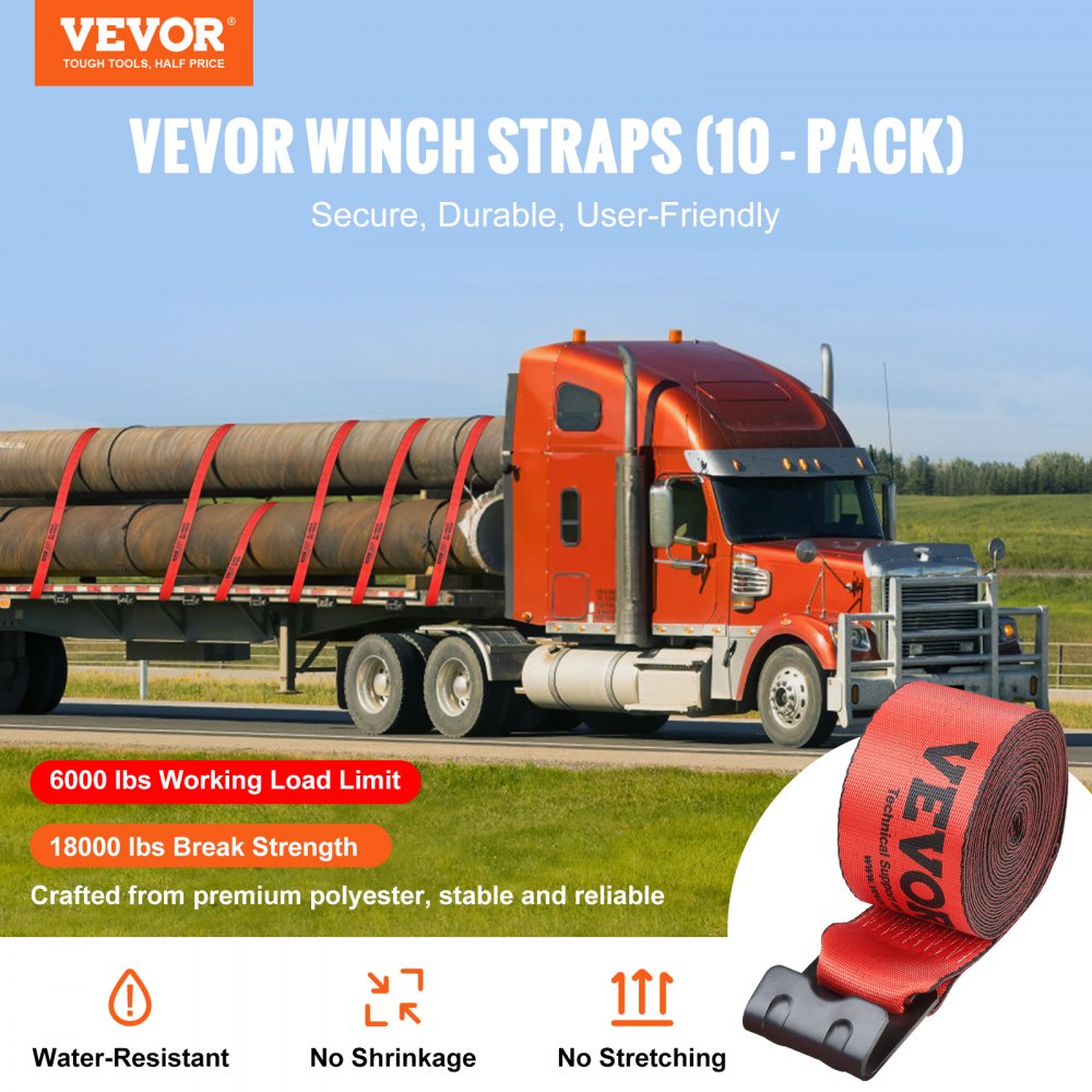 Winch Straps, 4" x 30`, 6000 lbs Load Capacity, 18000 lbs Breaking Strength, Truck Straps with Flat Hook, Flatbed Tie Downs Cargo Control for Trailers, Farms, Rescues, Tree Saver, Red (10 Pack)