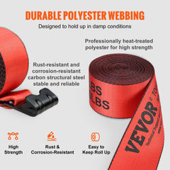 Winch Straps, 4" x 30`, 6000 lbs Load Capacity, 18000 lbs Breaking Strength, Truck Straps with Flat Hook, Flatbed Tie Downs Cargo Control for Trailers, Farms, Rescues, Tree Saver, Red (10 Pack)