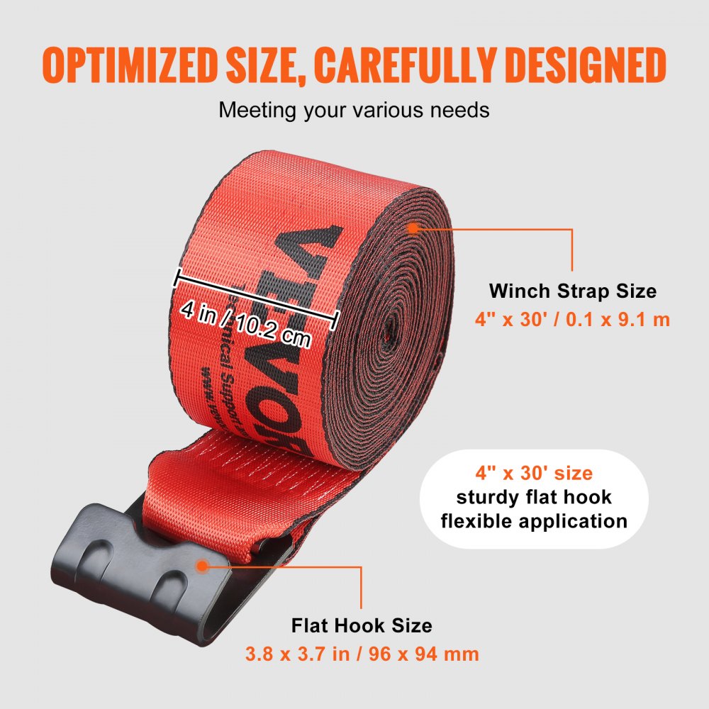 Winch Straps, 4" x 30`, 6000 lbs Load Capacity, 18000 lbs Breaking Strength, Truck Straps with Flat Hook, Flatbed Tie Downs Cargo Control for Trailers, Farms, Rescues, Tree Saver, Red (10 Pack)