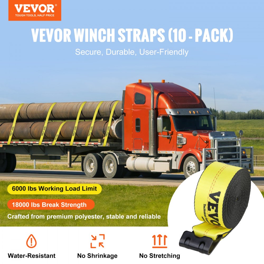 Winch Straps, 4" x 40`, 6000 lbs Load Capacity, 18000 lbs Break Strength, Truck Straps with Flat Hook, Flatbed Tie Downs Cargo Control for Trailers, Farms, Rescues, Tree Saver, Yellow (10 Pack)