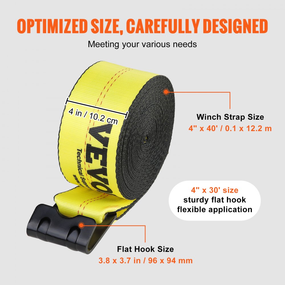 Winch Straps, 4" x 40`, 6000 lbs Load Capacity, 18000 lbs Break Strength, Truck Straps with Flat Hook, Flatbed Tie Downs Cargo Control for Trailers, Farms, Rescues, Tree Saver, Yellow (10 Pack)