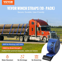 Winch Straps, 4" x 30`, 6000 lbs Load Capacity, 18000 lbs Breaking Strength, Truck Straps with Flat Hook, Flatbed Tie Downs Cargo Control for Trailers, Farms, Rescues, Tree Saver, Blue (10 Pack)