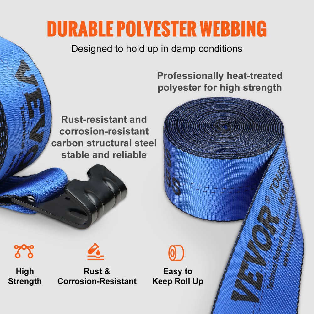 Winch Straps, 4" x 30`, 6000 lbs Load Capacity, 18000 lbs Breaking Strength, Truck Straps with Flat Hook, Flatbed Tie Downs Cargo Control for Trailers, Farms, Rescues, Tree Saver, Blue (10 Pack)