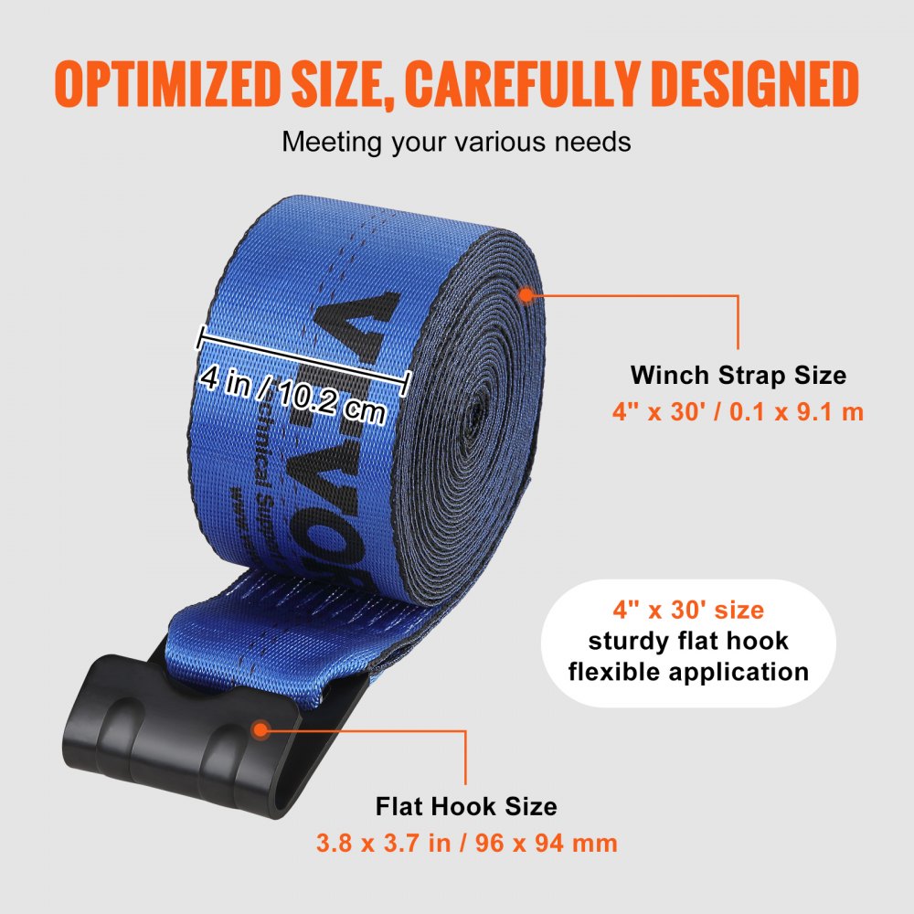 Winch Straps, 4" x 30`, 6000 lbs Load Capacity, 18000 lbs Breaking Strength, Truck Straps with Flat Hook, Flatbed Tie Downs Cargo Control for Trailers, Farms, Rescues, Tree Saver, Blue (10 Pack)