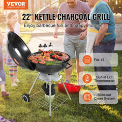22 inch Kettle Charcoal Grill, Premium Kettle Grill with Wheels and Cover, Porcelain-Enameled Lid and Ash Catcher & Thermometer for BBQ, Round Barbecue Grill Outdoor Cooking, Picnic, Patio and Backyard
