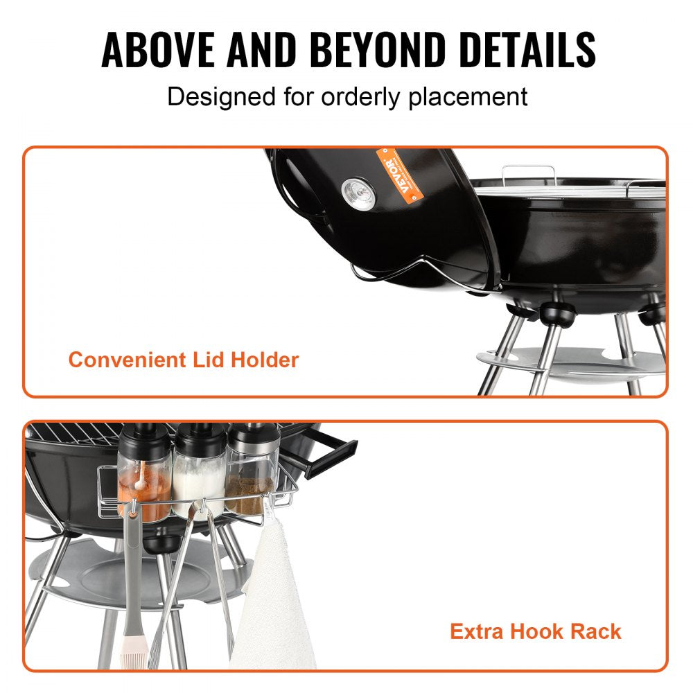 22 inch Kettle Charcoal Grill, Premium Kettle Grill with Wheels and Cover, Porcelain-Enameled Lid and Ash Catcher & Thermometer for BBQ, Round Barbecue Grill Outdoor Cooking, Picnic, Patio and Backyard