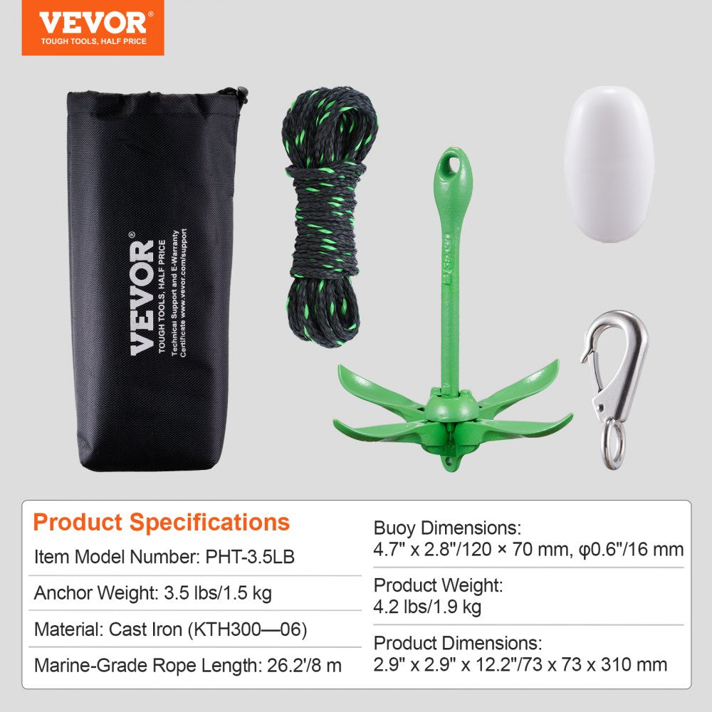 Kayak Anchor Kit, 3.5 lb Paddle Board Anchor Kit with 26.2 ft/8 m Rope and Buoy, Folding Small Boat Anchor with Storage Bag and Snap Hook, Kayak Accessories for Kayaks, Small Boats, Canoes