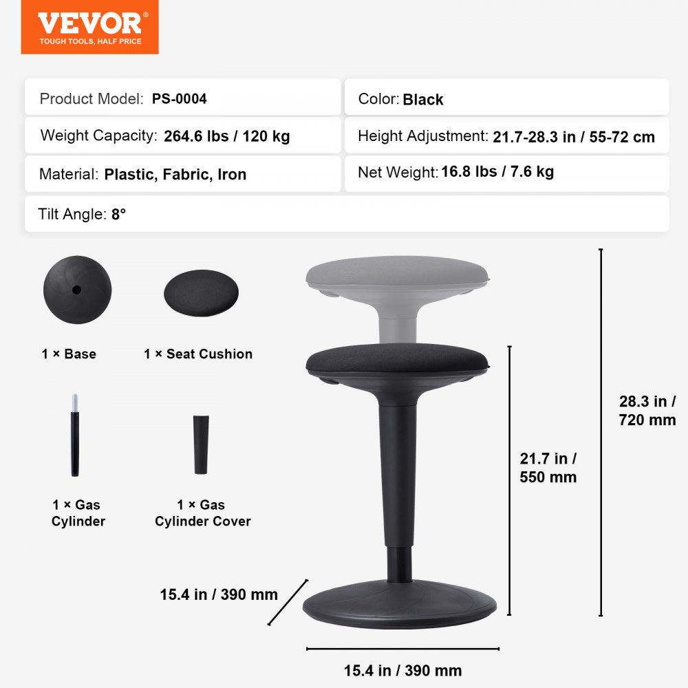 Wobble Chair, Height-Adjustable (21.7-28.3") Active Chair, Flexible Seating Wobble Stool Made of Iron Improves Focus & Posture, Ideal for Schools, Office and Home, 8° Tilt Angle, Age 12-18 Black
