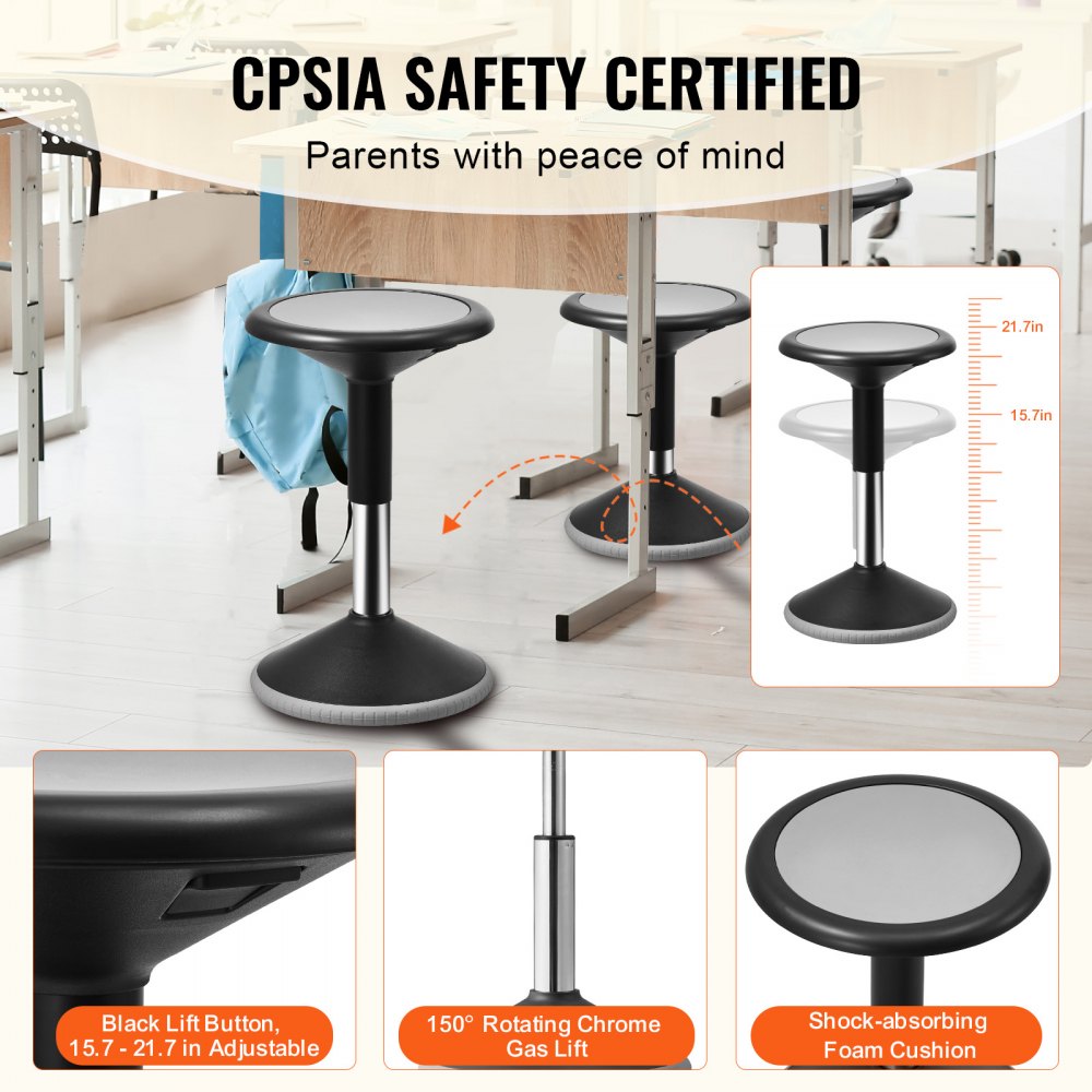 Wobble Chair, Height-Adjustable (15.7-21.7") Active Chair, Flexible Seating Wobble Stool Made of PVC+ABS Improves Focus & Posture, Ideal for Schools, Office and Home, Age 12-18, Black