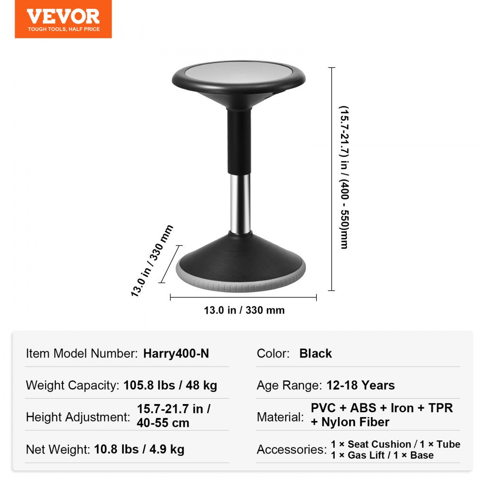 Wobble Chair, Height-Adjustable (15.7-21.7") Active Chair, Flexible Seating Wobble Stool Made of PVC+ABS Improves Focus & Posture, Ideal for Schools, Office and Home, Age 12-18, Black