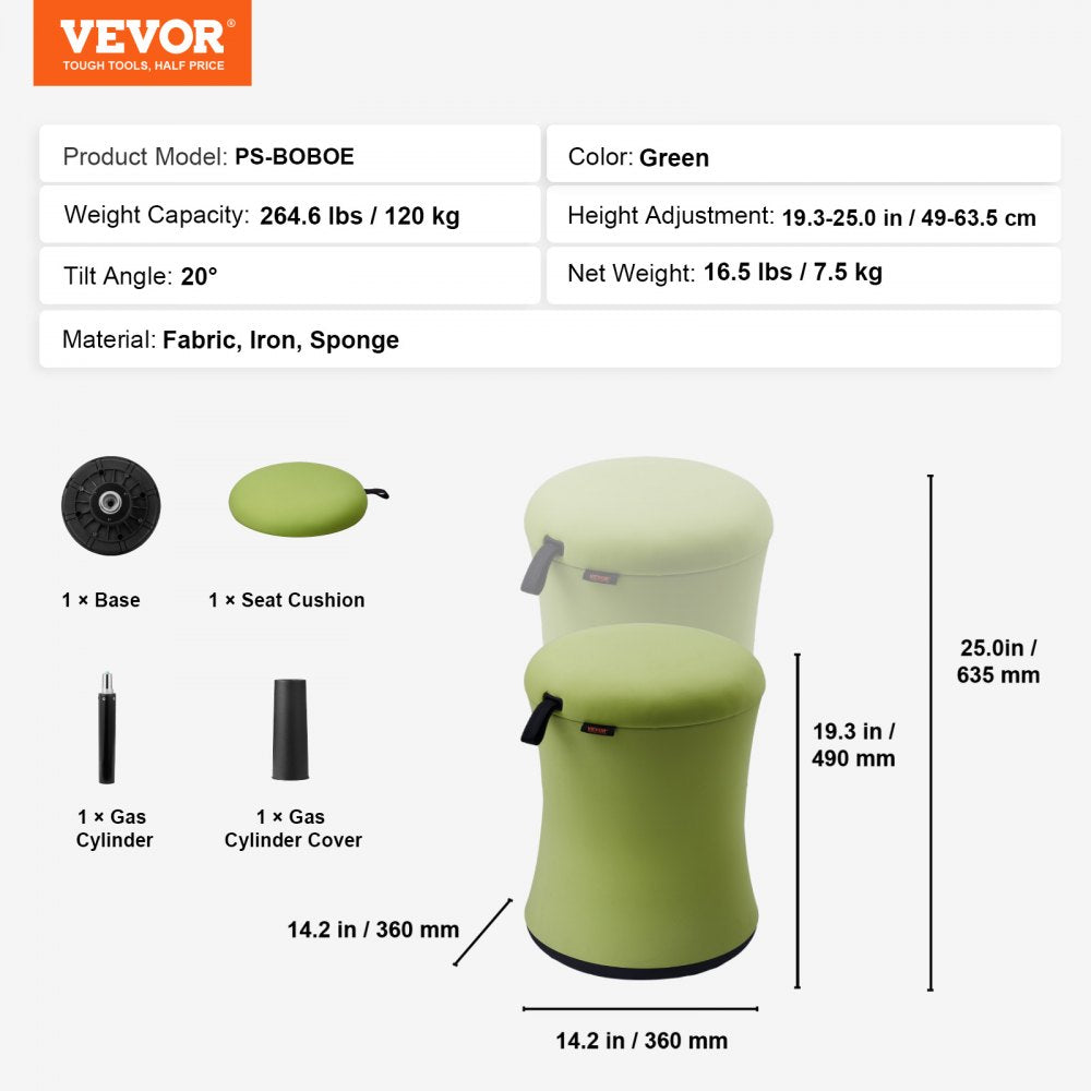 Wobble Chair, Height-Adjustable (19.3-25") Wobble Chair with Fabric Cover, Flexible Seating Wobble Stool Made of Iron & Sponge, Ideal for School, Office & Home, 20° Tilt Angle, Age 12-18, Green