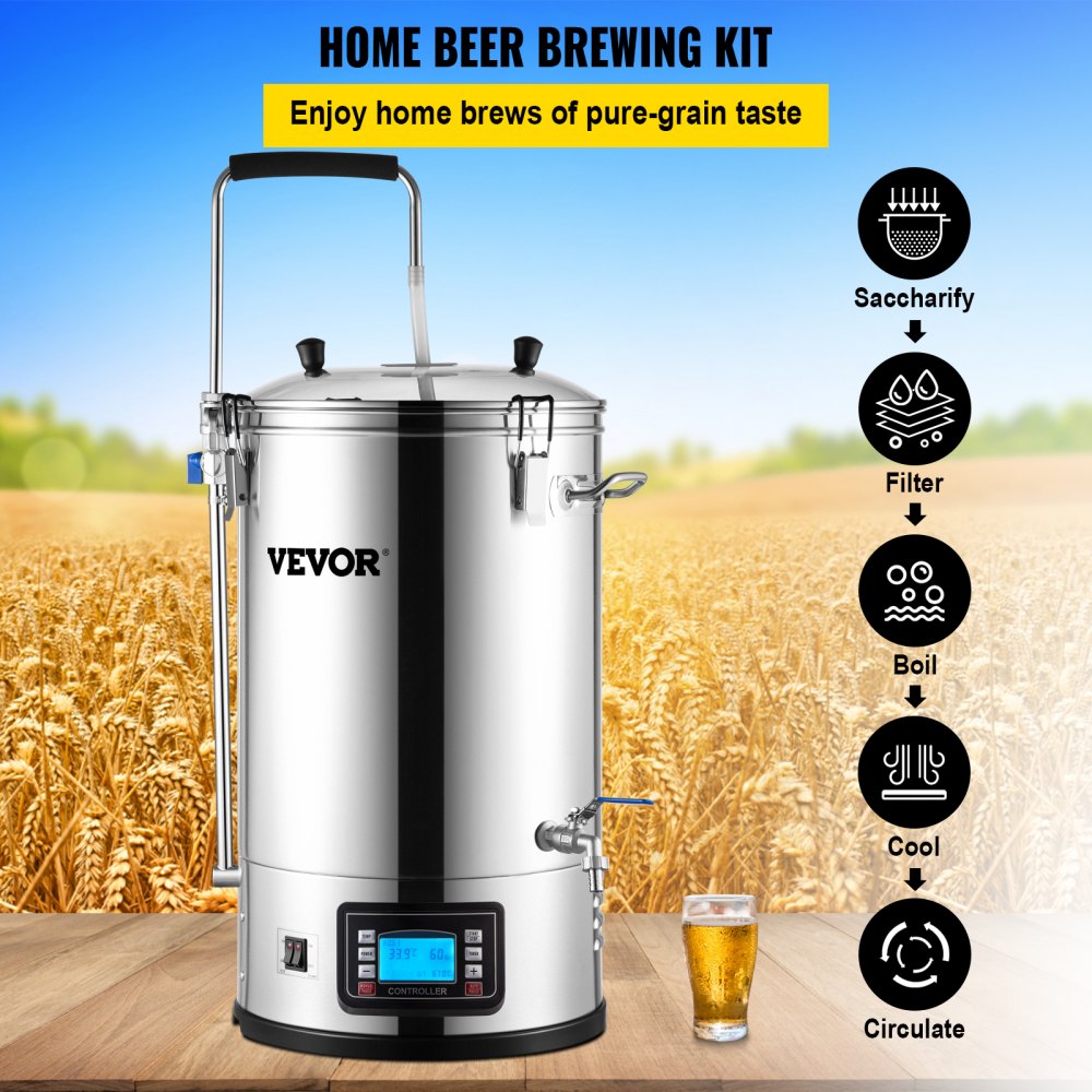 Electric Brewing System, 9.2 Gal/35 L Brewing Pot, All-in-One Home Beer Brewer w/Pump, Mash Boil Device w/Panel, Auto/Manual Mode 100-1800W Power 25-100℃ Temp 1-180 min Timer Recipe Memory