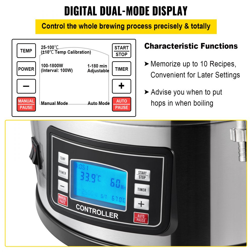 Electric Brewing System, 9.2 Gal/35 L Brewing Pot, All-in-One Home Beer Brewer w/Pump, Mash Boil Device w/Panel, Auto/Manual Mode 100-1800W Power 25-100℃ Temp 1-180 min Timer Recipe Memory