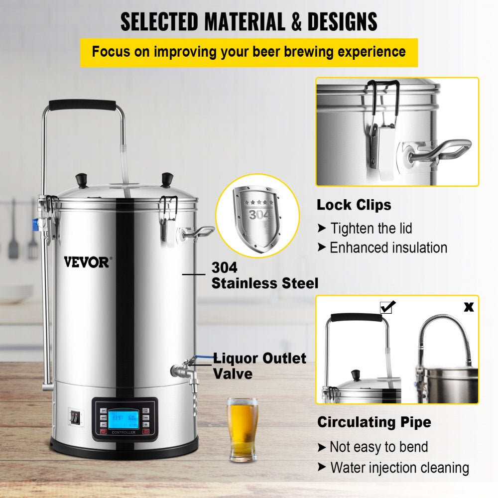 Electric Brewing System, 9.2 Gal/35 L Brewing Pot, All-in-One Home Beer Brewer w/Pump, Mash Boil Device w/Panel, Auto/Manual Mode 100-1800W Power 25-100℃ Temp 1-180 min Timer Recipe Memory