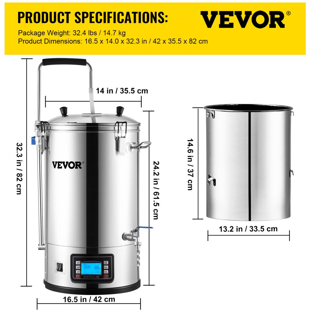 Electric Brewing System, 9.2 Gal/35 L Brewing Pot, All-in-One Home Beer Brewer w/Pump, Mash Boil Device w/Panel, Auto/Manual Mode 100-1800W Power 25-100℃ Temp 1-180 min Timer Recipe Memory