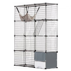 Large metal wire cat cage enclosure with four tiers, hammock, and three front doors.