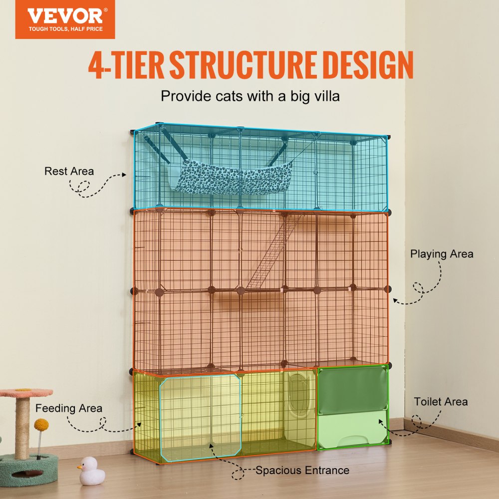 Large metal wire cat cage enclosure with four tiers, hammock, and three front doors.