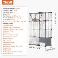 Large metal wire cat cage enclosure with four tiers, hammock, and three front doors.