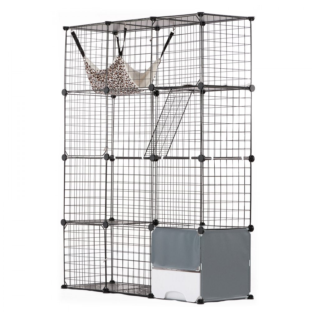 Large metal wire cat cage enclosure with four tiers, hammock, and three front doors.