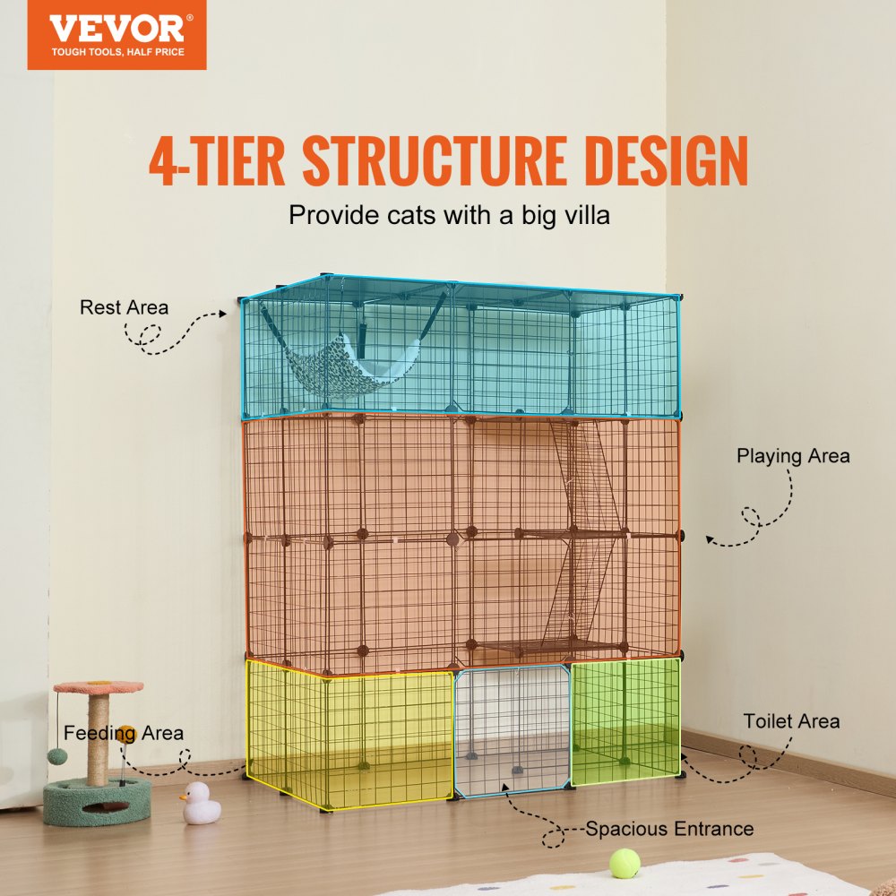 Four-tier metal wire cat cage with hammock, ramp ladder, and spacious design in a room corner.