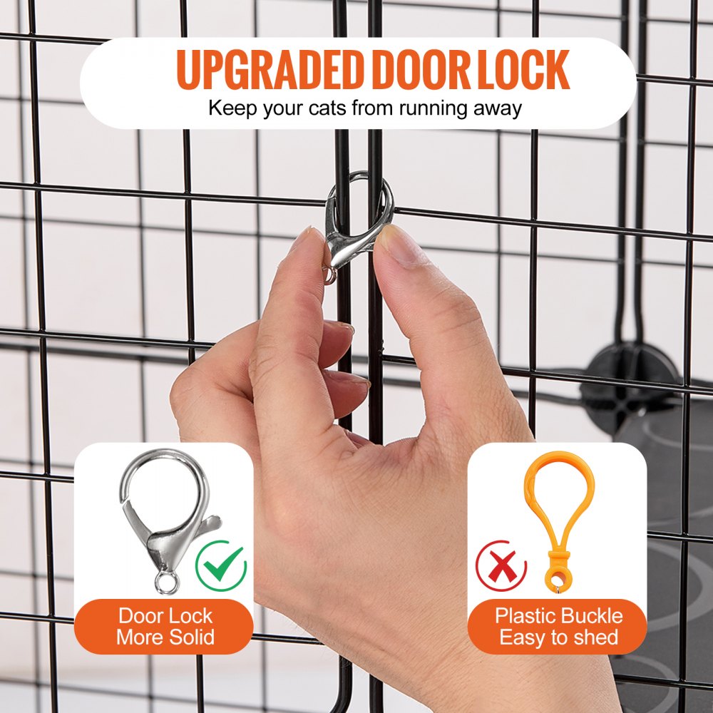 Hand holding a metal latch on a black wire cat cage with text about upgraded door lock.