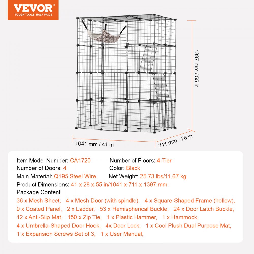 Large 4-tier metal wire cat cage with hammock, ladder, and secure latch doors.