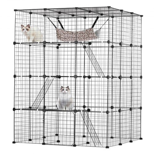 Large 4-tier metal cat cage, 41x41x55 inches, with hammock, ladders, and two cats inside.