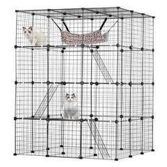 Large 4-tier metal cat cage, 41x41x55 inches, with hammock, ladders, and two cats inside.