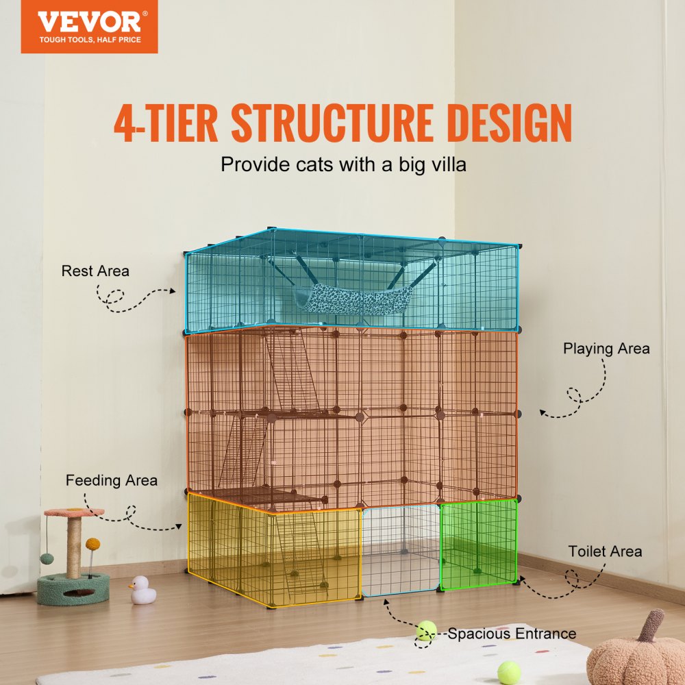 A large 4-tier metal cat cage measuring 41x41x55 inches with a hammock, ladders, and multiple access doors.